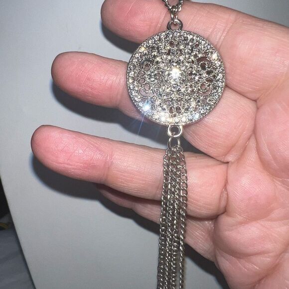 Silver Tone with Filigree and Crystal Tassel Necklace - Picture 3 of 9